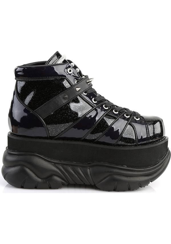 NEPTUNE-100 [Black Glitter/Holo] | PLATFORMS [PREORDER] - Beserk - all, black, boots, boots [preorder], clickfrenzy15-2023, demonia, demonia shoes, discountapp, fp, labelpreorder, labelvegan, mens shoes, platforms, platforms [preorder], pleaserimageupdated, ppo, preorder, shoes, silver, vegan