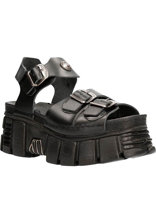 M-BIOS101SF-C1 | PLATFORM SANDALS [PREORDER] - Beserk - all, black, clickfrenzy15-2023, dec21, discountapp, fp, goth, gothic, labelpreorder, leather, new rock, nrpo, platform, platform [preorder], platforms, pool slides and slip ons, preorder, sandal, shoe, shoes