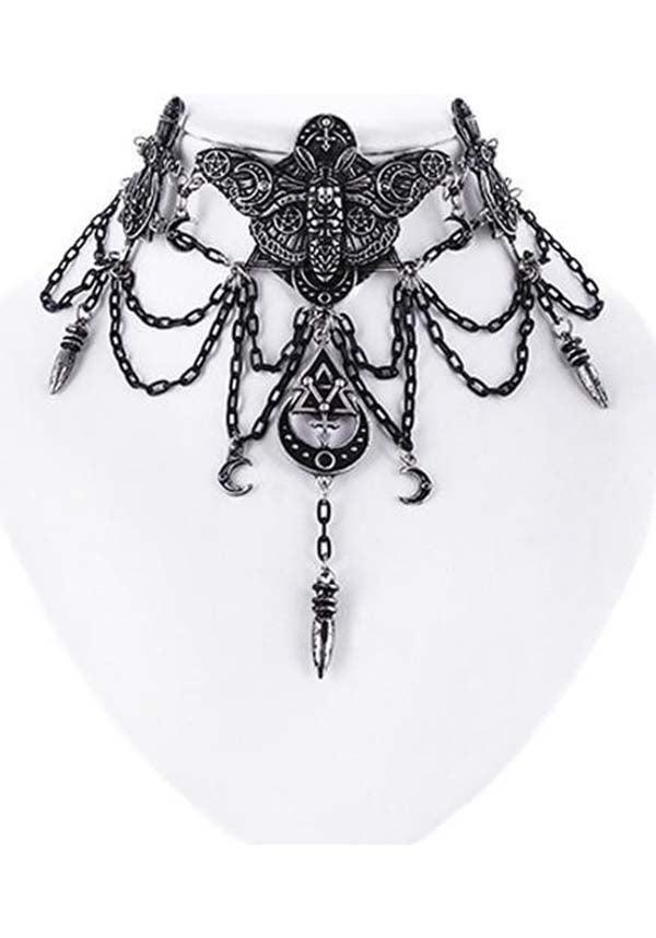 Occult Moth | CHOKER - Beserk - accessories, all, black, chocker, choker, clickfrenzy15-2023, discountapp, fp, goth, gothic, gothic accessories, gothic gifts, jewellery, jewelry, moon, moth, necklace, renaissance, silver, witch