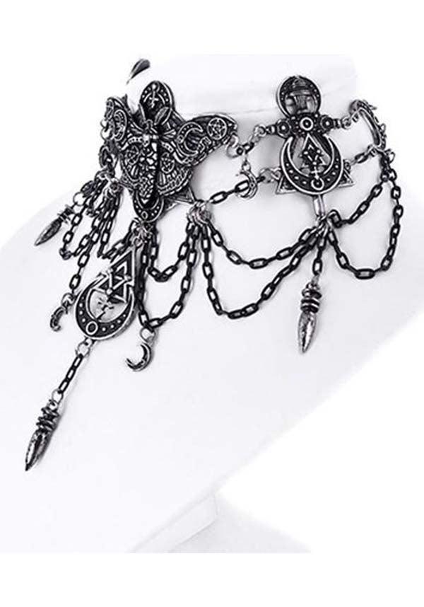 Occult Moth | CHOKER - Beserk - accessories, all, black, chocker, choker, clickfrenzy15-2023, discountapp, fp, goth, gothic, gothic accessories, gothic gifts, jewellery, jewelry, moon, moth, necklace, renaissance, silver, witch
