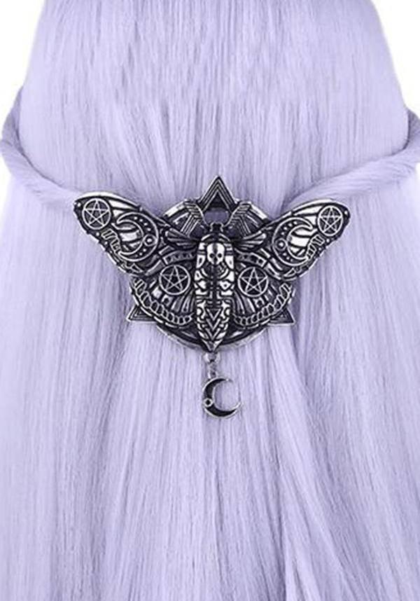 Occult Moth | HAIRCLIP - Beserk - accessories, all, clickfrenzy15-2023, clip, discountapp, fp, goth, gothic, gothic accessories, hair accessories, hair clip, hairclip, hats and hair, jewellery, moon, moth, silver, skull, witch