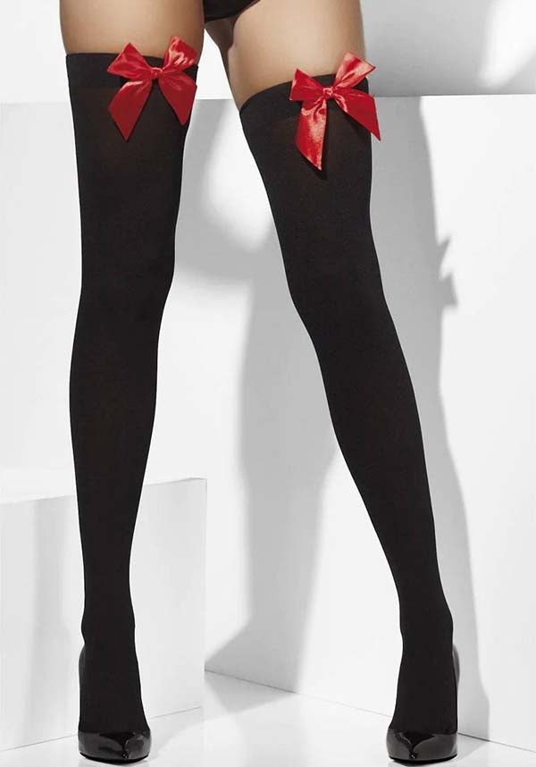 Opaque Hold Ups Adult Black and White Check Print with Bows