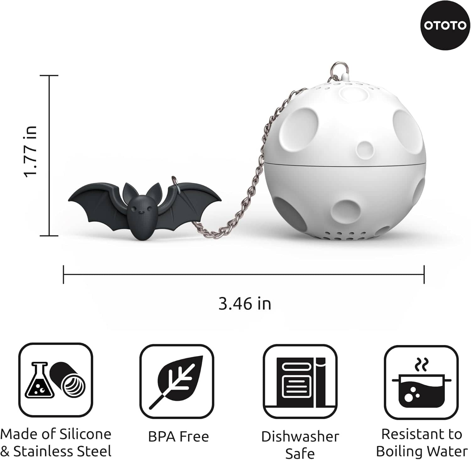 Ototo Moonlit Tea Infuser - Product dimensions and specifications infographic, silicone and stainless steel