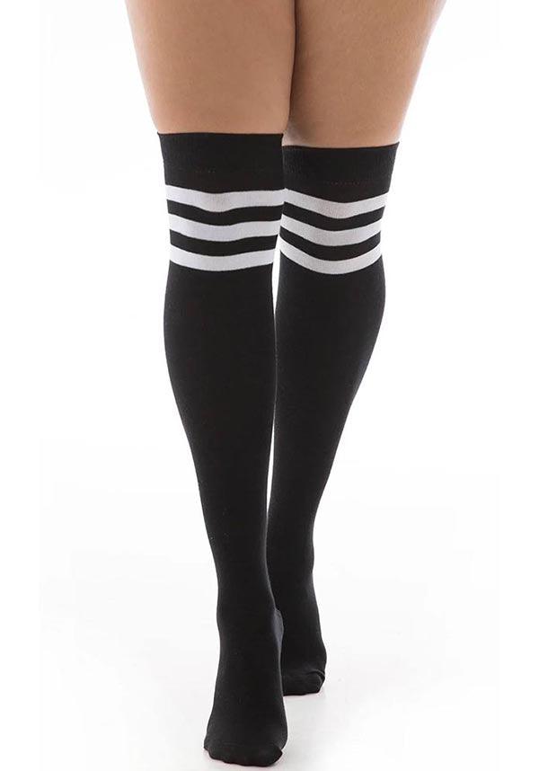Referee [Black/White] | OVER THE KNEE SOCKS - Beserk - all, all clothing, all ladies, all ladies clothing, black, clickfrenzy15-2023, cosplay, derby hosiery, discountapp, edgy, fp, goth, gothic, hosiery, hosiery and socks, knee high, knee high socks, ladies, ladies clothing, nov19, pamela mann, repriced100523, socks, stripes, thigh high