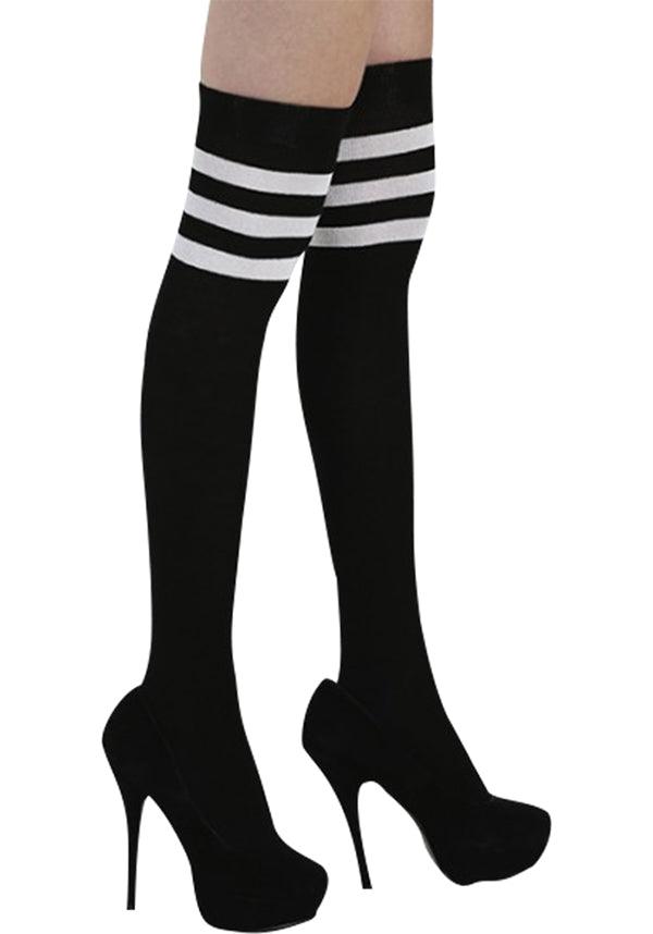 Referee [Black/White] | OVER THE KNEE SOCKS - Beserk - all, all clothing, all ladies, all ladies clothing, black, clickfrenzy15-2023, cosplay, derby hosiery, discountapp, edgy, fp, goth, gothic, hosiery, hosiery and socks, knee high, knee high socks, ladies, ladies clothing, nov19, pamela mann, repriced100523, socks, stripes, thigh high