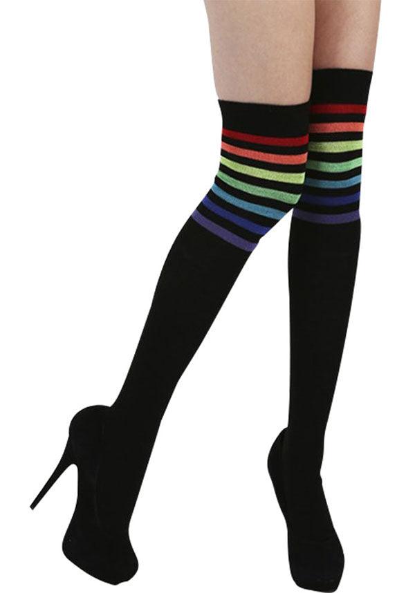 Referee [Black/Rainbow] | OVER THE KNEE SOCKS - Beserk - all, all clothing, all ladies, all ladies clothing, black, clickfrenzy15-2023, derby, derby hosiery, discountapp, edgy, fp, goth, gothic, high socks, hosiery, hosiery and socks, knee high socks, long socks, multicolour, pamela mann, rainbow, repriced100523, roller derby, rollerderby, sep20, socks, winter, winter clothing, winter wear