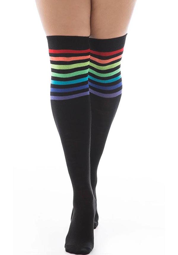 Referee [Black/Rainbow] | OVER THE KNEE SOCKS - Beserk - all, all clothing, all ladies, all ladies clothing, black, clickfrenzy15-2023, derby, derby hosiery, discountapp, edgy, fp, goth, gothic, high socks, hosiery, hosiery and socks, knee high socks, long socks, multicolour, pamela mann, rainbow, repriced100523, roller derby, rollerderby, sep20, socks, winter, winter clothing, winter wear