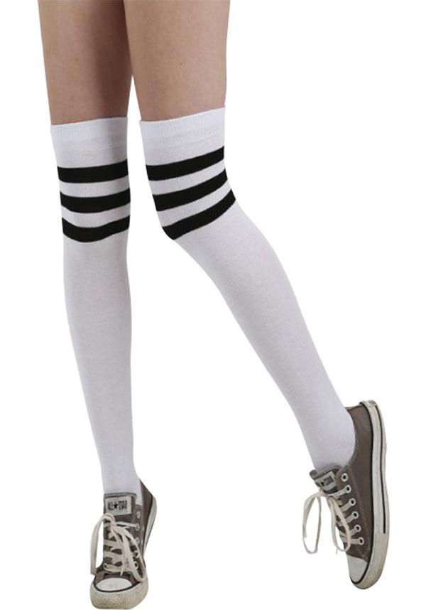 Referee [White/Black] | OVERKNEE SOCKS - Beserk - all, all clothing, all ladies, all ladies clothing, black, clickfrenzy15-2023, cosplay, costume, derby hosiery, discountapp, edgy, fp, goth, gothic, hosiery, hosiery and socks, knee high, knee high socks, ladies, ladies clothing, nov19, pamela mann, repriced100523, socks, stripes, thigh high, white
