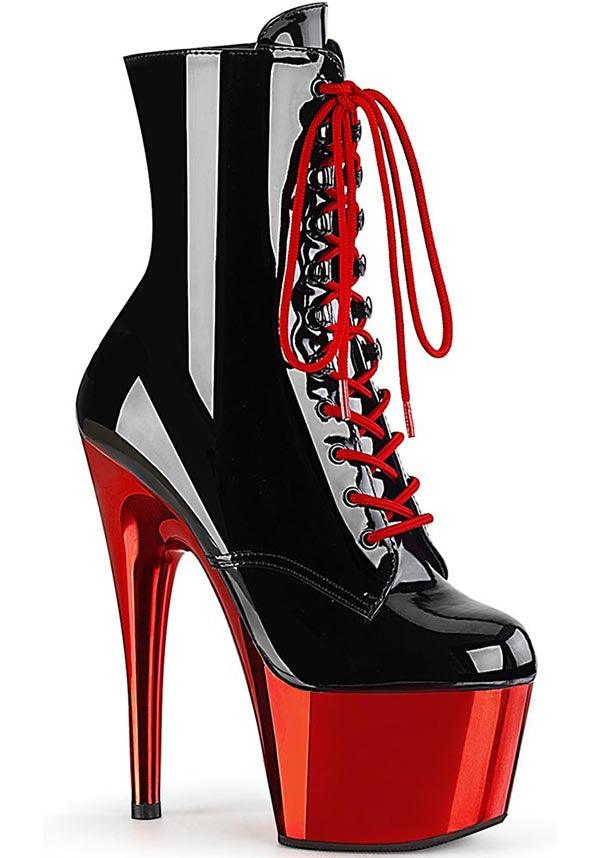 ADORE-1020 [Black Patent/Red Chrome] | PLATFORM BOOTS [PREORDER] - Beserk - all, ankle boots, black, boots, boots [preorder], clickfrenzy15-2023, discountapp, fp, googleshopping, heels, heels [preorder], labelpreorder, labelvegan, platform, platform boots, platform heels, platforms, platforms [preorder], pleaser, pole, pole dancing, ppo, preorder, red, red and black, shoes, stripper, vegan