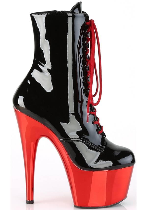 ADORE-1020 [Black Patent/Red Chrome] | PLATFORM BOOTS [PREORDER] - Beserk - all, ankle boots, black, boots, boots [preorder], clickfrenzy15-2023, discountapp, fp, googleshopping, heels, heels [preorder], labelpreorder, labelvegan, platform, platform boots, platform heels, platforms, platforms [preorder], pleaser, pole, pole dancing, ppo, preorder, red, red and black, shoes, stripper, vegan