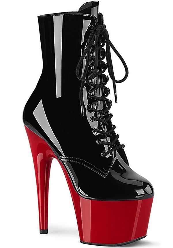 ADORE-1020 [Black Patent/Red] | PLATFORM BOOTS [PREORDER] - Beserk - all, ankle boots, black, boots, boots [preorder], clickfrenzy15-2023, discountapp, fp, googleshopping, heels, heels [preorder], labelpreorder, labelvegan, platform, platform boots, platform heels, platforms, platforms [preorder], pleaser, pole, pole dancing, ppo, preorder, red, red and black, shoes, stripper, vegan