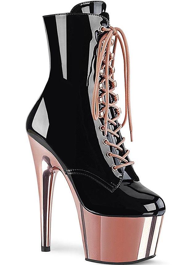 ADORE-1020 [Black Patent/Rose Gold Chrome] | PLATFORM BOOTS [PREORDER] - Beserk - all, ankle boots, black, boots, boots [preorder], clickfrenzy15-2023, discountapp, fp, googleshopping, heels, heels [preorder], labelpreorder, labelvegan, pink, platform, platform boots, platform heels, platforms, platforms [preorder], pleaser, pole, pole dancing, ppo, preorder, rose gold, shoes, stripper, vegan
