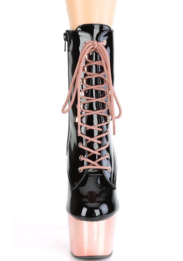 ADORE-1020 [Black Patent/Rose Gold Chrome] | PLATFORM BOOTS [PREORDER] - Beserk - all, ankle boots, black, boots, boots [preorder], clickfrenzy15-2023, discountapp, fp, googleshopping, heels, heels [preorder], labelpreorder, labelvegan, pink, platform, platform boots, platform heels, platforms, platforms [preorder], pleaser, pole, pole dancing, ppo, preorder, rose gold, shoes, stripper, vegan