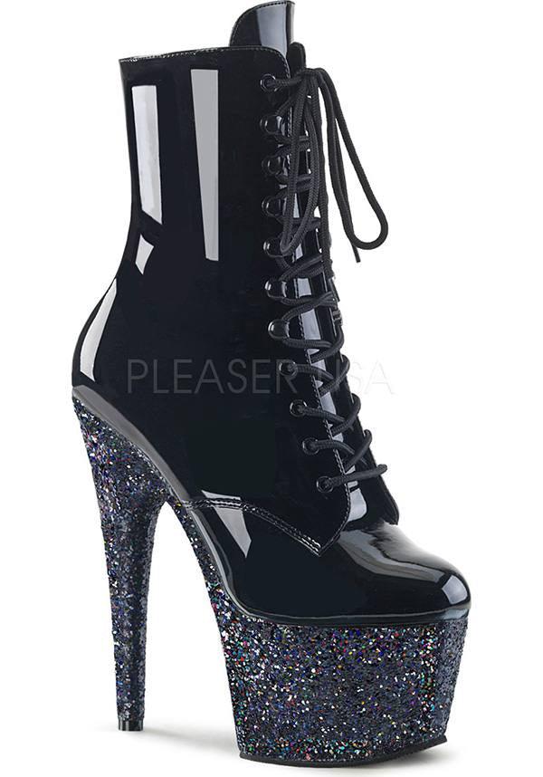 ADORE-1020LG [Black Pat/ Black Glitter] | PLATFORM BOOTS [PREORDER] - Beserk - all, black, boots, boots [preorder], clickfrenzy15-2023, discountapp, fp, glitter, heels, heels [preorder], labelpreorder, labelvegan, platform boots, platform heels, platforms, platforms [preorder], pleaser, pole dancing, ppo, preorder, shiny, shoes, vegan