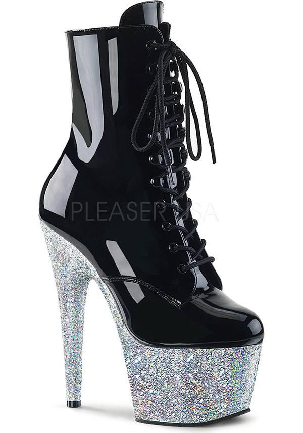 ADORE-1020LG [Black Patent/Silver Glitter] | PLATFORM BOOTS [PREORDER] - Beserk - all, black, boots, boots [preorder], clickfrenzy15-2023, discountapp, fp, glitter, heels, heels [preorder], labelpreorder, labelvegan, platform heels, platforms, platforms [preorder], pleaser, pole, pole dancing, ppo, preorder, shiny, shoes, silver, vegan