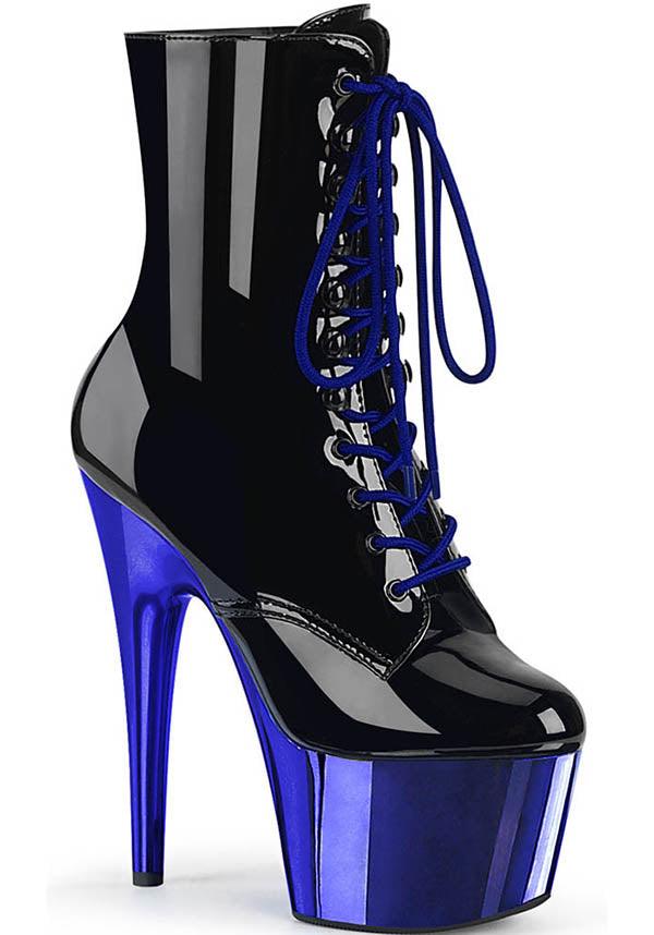 ADORE-1020 [Black Patent/Blue Chrome] | PLATFORM HEELS [PREORDER] - Beserk - all, ankle boots, apr21, black, blue, boot, boots, boots [preorder], burlesque, clickfrenzy15-2023, discountapp, fetish, fp, gloss, goth, gothic, heel, heels, heels [preorder], labelpreorder, labelvegan, patent, platform heels, platforms, platforms [preorder], pleaser, pole, pole dancing, ppo, preorder, shiny, shoes, vegan