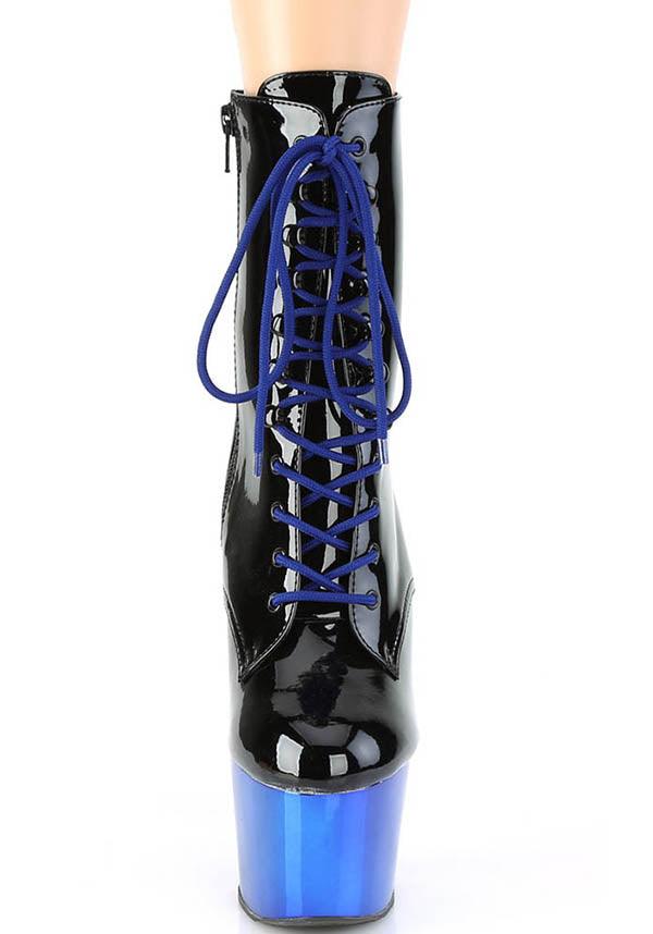 ADORE-1020 [Black Patent/Blue Chrome] | PLATFORM HEELS [PREORDER] - Beserk - all, ankle boots, apr21, black, blue, boot, boots, boots [preorder], burlesque, clickfrenzy15-2023, discountapp, fetish, fp, gloss, goth, gothic, heel, heels, heels [preorder], labelpreorder, labelvegan, patent, platform heels, platforms, platforms [preorder], pleaser, pole, pole dancing, ppo, preorder, shiny, shoes, vegan