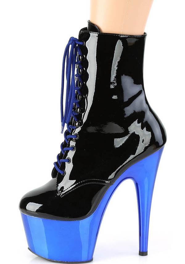 ADORE-1020 [Black Patent/Blue Chrome] | PLATFORM HEELS [PREORDER] - Beserk - all, ankle boots, apr21, black, blue, boot, boots, boots [preorder], burlesque, clickfrenzy15-2023, discountapp, fetish, fp, gloss, goth, gothic, heel, heels, heels [preorder], labelpreorder, labelvegan, patent, platform heels, platforms, platforms [preorder], pleaser, pole, pole dancing, ppo, preorder, shiny, shoes, vegan