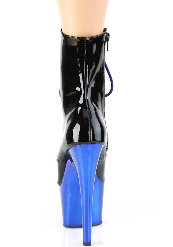ADORE-1020 [Black Patent/Blue Chrome] | PLATFORM HEELS [PREORDER] - Beserk - all, ankle boots, apr21, black, blue, boot, boots, boots [preorder], burlesque, clickfrenzy15-2023, discountapp, fetish, fp, gloss, goth, gothic, heel, heels, heels [preorder], labelpreorder, labelvegan, patent, platform heels, platforms, platforms [preorder], pleaser, pole, pole dancing, ppo, preorder, shiny, shoes, vegan