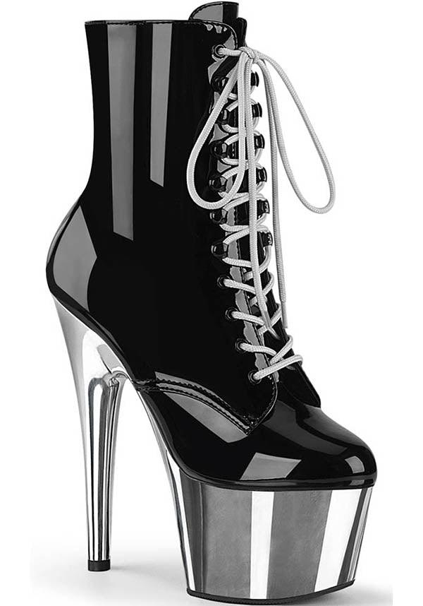 Adore-1020 [Black Patent/Silver Chrome] | PLATFORM HEELS [PREORDER] - Beserk - all, ankle boots, apr21, black, boot, boots, boots [preorder], burlesque, clickfrenzy15-2023, discountapp, fetish, fp, gloss, goth, gothic, heel, heels, heels [preorder], labelpreorder, labelvegan, patent, platform heels, pleaser, pole, pole dancing, ppo, preorder, shiny, shoes, silver, vegan