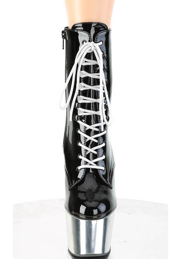 Adore-1020 [Black Patent/Silver Chrome] | PLATFORM HEELS [PREORDER] - Beserk - all, ankle boots, apr21, black, boot, boots, boots [preorder], burlesque, clickfrenzy15-2023, discountapp, fetish, fp, gloss, goth, gothic, heel, heels, heels [preorder], labelpreorder, labelvegan, patent, platform heels, pleaser, pole, pole dancing, ppo, preorder, shiny, shoes, silver, vegan