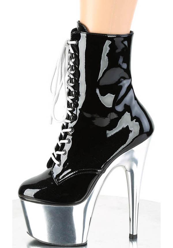 Adore-1020 [Black Patent/Silver Chrome] | PLATFORM HEELS [PREORDER] - Beserk - all, ankle boots, apr21, black, boot, boots, boots [preorder], burlesque, clickfrenzy15-2023, discountapp, fetish, fp, gloss, goth, gothic, heel, heels, heels [preorder], labelpreorder, labelvegan, patent, platform heels, pleaser, pole, pole dancing, ppo, preorder, shiny, shoes, silver, vegan