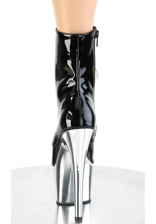 Adore-1020 [Black Patent/Silver Chrome] | PLATFORM HEELS [PREORDER] - Beserk - all, ankle boots, apr21, black, boot, boots, boots [preorder], burlesque, clickfrenzy15-2023, discountapp, fetish, fp, gloss, goth, gothic, heel, heels, heels [preorder], labelpreorder, labelvegan, patent, platform heels, pleaser, pole, pole dancing, ppo, preorder, shiny, shoes, silver, vegan