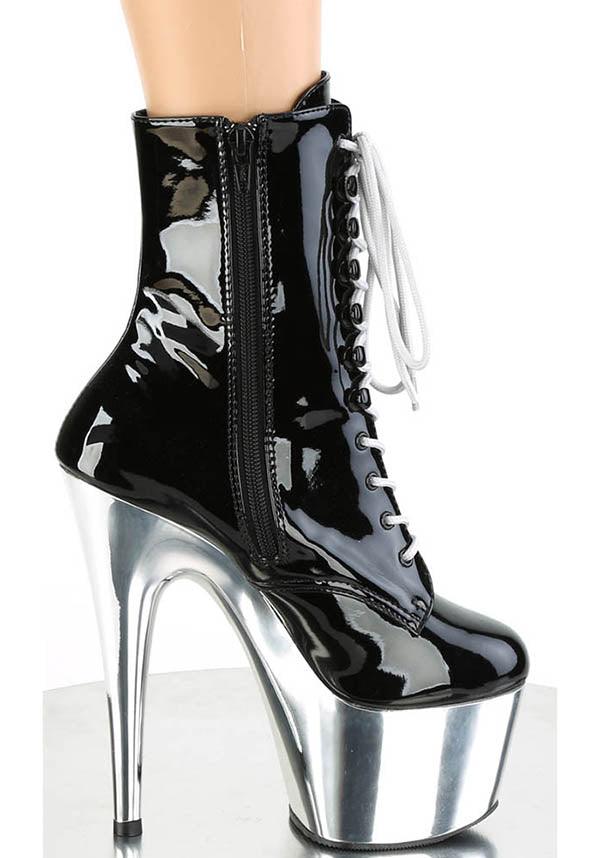 Adore-1020 [Black Patent/Silver Chrome] | PLATFORM HEELS [PREORDER] - Beserk - all, ankle boots, apr21, black, boot, boots, boots [preorder], burlesque, clickfrenzy15-2023, discountapp, fetish, fp, gloss, goth, gothic, heel, heels, heels [preorder], labelpreorder, labelvegan, patent, platform heels, pleaser, pole, pole dancing, ppo, preorder, shiny, shoes, silver, vegan