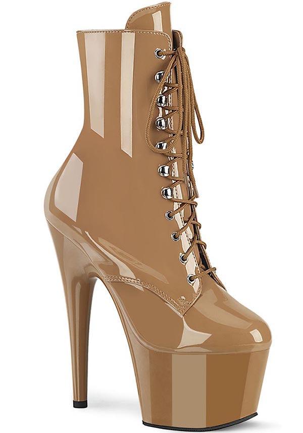 ADORE-1020 [Toffee Patent] | PLATFORM BOOTS [PREORDER] - Beserk - all, brown, clickfrenzy15-2023, discountapp, fp, googleshopping, heel, heeled, heeled boots, heels, heels [preorder], labelpreorder, labelvegan, nov22, pleaser, ppo, preorder, shoes, vegan