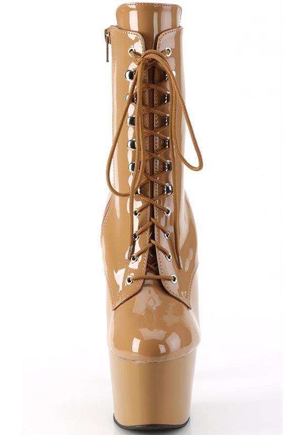 ADORE-1020 [Toffee Patent] | PLATFORM BOOTS [PREORDER] - Beserk - all, brown, clickfrenzy15-2023, discountapp, fp, googleshopping, heel, heeled, heeled boots, heels, heels [preorder], labelpreorder, labelvegan, nov22, pleaser, ppo, preorder, shoes, vegan