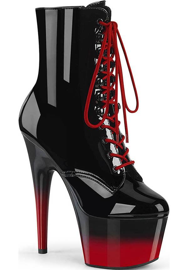 ADORE-1020BR-H [Black Patent/ Red] | PLATFORM BOOTS [PREORDER] - Beserk - all, black, clickfrenzy15-2023, discountapp, fetish, fp, goth, gothic, halloween, halloween shoes, heel, heels, heels [preorder], labelpreorder, labelvegan, lace up, patent, platform boots, platform heels, platforms, platforms [preorder], pole dancing, ppo, preorder, red, shoe, shoes, vegan