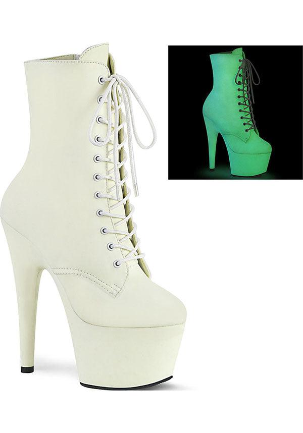 ADORE-1020GD [White Glow] | PLATFORM BOOTS [PREORDER] - Beserk - all, ankle boots, boot, boots, boots [preorder], clickfrenzy15-2023, dec20, discountapp, fp, glow, glow in the dark, halloween, heel, heels, heels [preorder], labelpreorder, labelvegan, lace up, platform boots, platform heels, platforms, platforms [preorder], pleaser, pole dancing, ppo, preorder, shoes, vegan, white