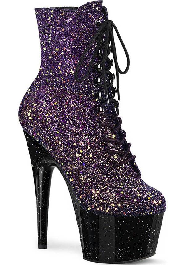 ADORE-1020OMBG [Purple Multi Glitter/Black] | PLATFORM BOOTS [PREORDER] - Beserk - all, boot, boots, boots [preorder], dark purple, dec20, discountapp, fp, glitter, glitter shoe, heel, heels, heels [preorder], labelpreorder, labelvegan, platform boots, platform heels, platforms, platforms [preorder], pleaser, pole dancing, ppo, preorder, purple, shoe, shoes, vegan