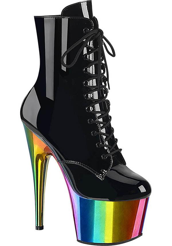 ADORE-1020RC [Black Patent/Rainbow Chrome] | PLATFORM HEELS [PREORDER] - Beserk - all, black, boots, boots [preorder], clickfrenzy15-2023, discountapp, fp, heels, heels [preorder], in stock, instock, labelinstock, labelpreorder, labelvegan, lace up, ladies, patent, platform, platform boots, platform heels, platforms, platforms [preorder], pleaser, pole dancing, ppo, preorder, rainbow, shiny, shoes, stripper, vegan