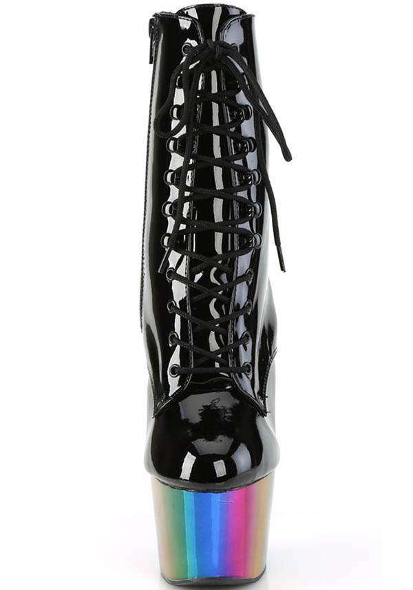 ADORE-1020RC [Black Patent/Rainbow Chrome] | PLATFORM HEELS [PREORDER] - Beserk - all, black, boots, boots [preorder], clickfrenzy15-2023, discountapp, fp, heels, heels [preorder], in stock, instock, labelinstock, labelpreorder, labelvegan, lace up, ladies, patent, platform, platform boots, platform heels, platforms, platforms [preorder], pleaser, pole dancing, ppo, preorder, rainbow, shiny, shoes, stripper, vegan