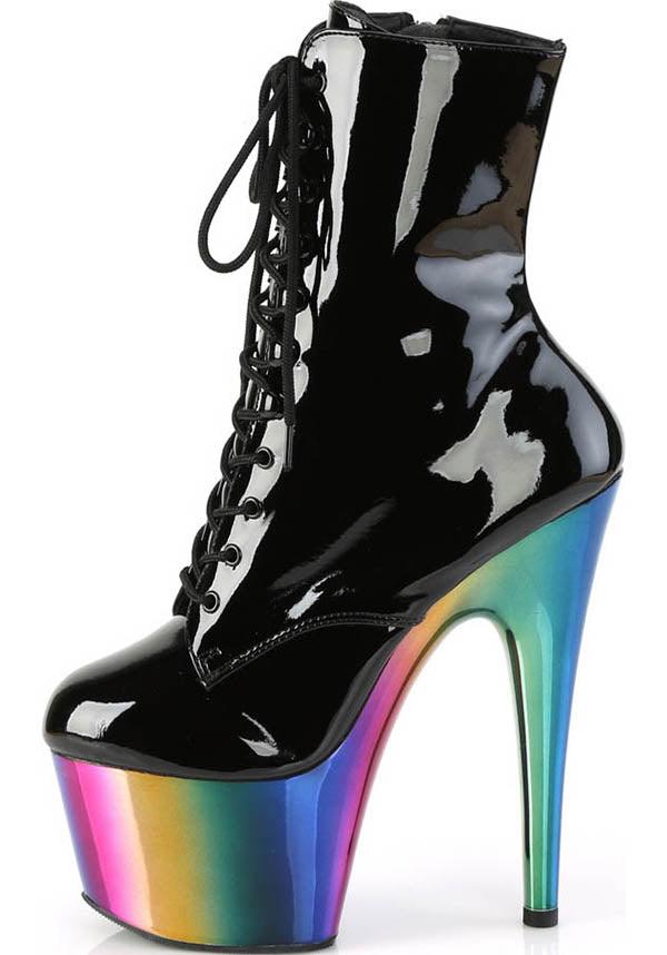 ADORE-1020RC [Black Patent/Rainbow Chrome] | PLATFORM HEELS [PREORDER] - Beserk - all, black, boots, boots [preorder], clickfrenzy15-2023, discountapp, fp, heels, heels [preorder], in stock, instock, labelinstock, labelpreorder, labelvegan, lace up, ladies, patent, platform, platform boots, platform heels, platforms, platforms [preorder], pleaser, pole dancing, ppo, preorder, rainbow, shiny, shoes, stripper, vegan