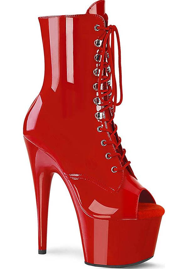 ADORE-1021 [Patent Red] | PLATFORM BOOTS [PREORDER] - Beserk - all, boot, boots, boots [preorder], clickfrenzy15-2023, dec20, discountapp, fp, heel, heels, heels [preorder], labelpreorder, labelvegan, lace up, open toe, patent, peep toe, peeptoe, platform boots, platform heels, platforms, platforms [preorder], pleaser, pole dancing, ppo, preorder, red, shoe, shoes, vegan