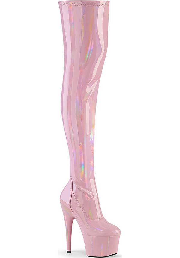 ADORE-3000HWR [Pink Holo] | PLATFORM BOOTS [PREORDER] - Beserk - all, baby pink, boot, boots, boots [preorder], clickfrenzy15-2023, dec20, discountapp, fp, heel, heels, heels [preorder], holo, holographic, labelpreorder, labelvegan, patent, pink, platform boots, platform heels, platforms, platforms [preorder], pleaser, pole dancing, ppo, preorder, shoe, shoes, thigh high, vegan