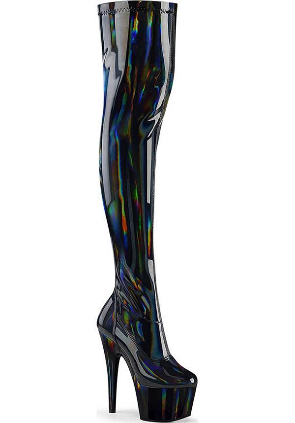 ADORE-3000HWR [Black Holo] | PLATFORM BOOTS [PREORDER] - Beserk - all, black, boot, boots, boots [preorder], clickfrenzy15-2023, dec20, discountapp, fp, heel, heels, heels [preorder], holo, holographic, labelpreorder, labelvegan, patent, platform boots, platform heels, platforms, platforms [preorder], pleaser, pole dancing, ppo, preorder, shoe, shoes, thigh high, vegan