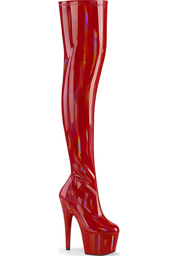ADORE-3000HWR [Red Holo] | PLATFORM BOOTS [PREORDER] - Beserk - all, boot, boots, boots [preorder], clickfrenzy15-2023, dec20, discountapp, fp, heel, heels, heels [preorder], labelpreorder, labelvegan, patent, platform boots, platform heels, platforms, platforms [preorder], pleaser, pole dancing, ppo, preorder, red, shoe, shoes, thigh high, vegan