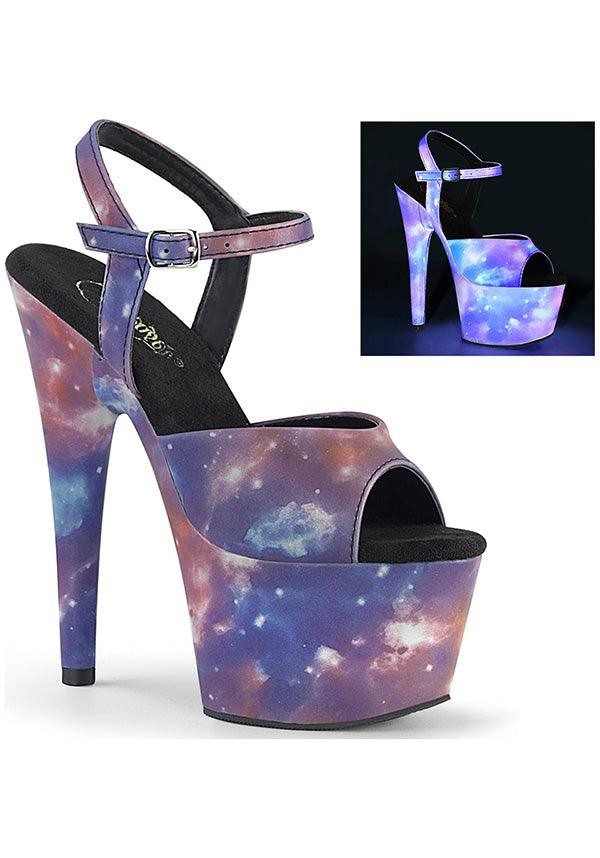 ADORE-709REFL [Purple/Blue Reflective] | PLATFORM HEELS [PREORDER] - Beserk - all, blue, clickfrenzy15-2023, discountapp, fp, galaxy, heels, heels [preorder], labelpreorder, labelvegan, ladies, multicolour, oct19, open toe, peep toe, platform heels, platforms, platforms [preorder], pleaser, pole dancing, ppo, preorder, purple, shoes, vegan