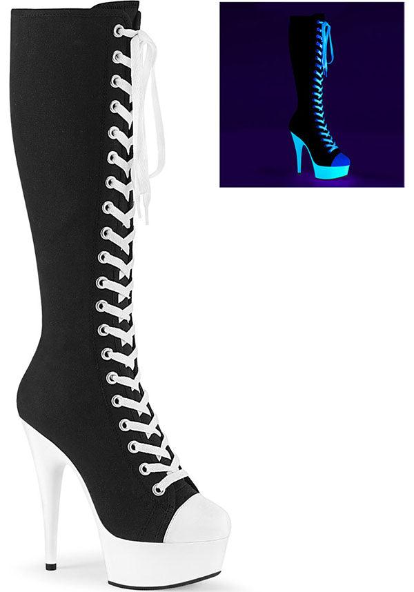 DELIGHT-2000SK-02 [Black/ Neon White] | PLATFORM BOOTS [PREORDER] - Beserk - all, all ladies, black, black and white, boot, boots, boots [preorder], clickfrenzy15-2023, discountapp, fp, goth, gothic, heel, heels, heels [preorder], jan20, knee high, labelpreorder, labeluvreactive, labelvegan, long boots, pleaser, ppo, preorder, shoes, uv, uv reactive, uvreactive, uvreactive1, vegan, white