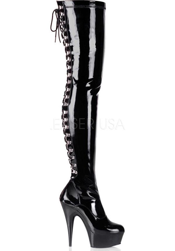 DELIGHT-3063 [Patent Black] | PLATFORM BOOTS [PREORDER] - Beserk - all, black, boots, boots [preorder], clickfrenzy15-2023, discountapp, fp, goth, gothic, halloween, heels, heels [preorder], jan20, knee high, labelpreorder, labelvegan, lace up, long boots, pleaser, ppo, preorder, shoes, thigh high, vegan