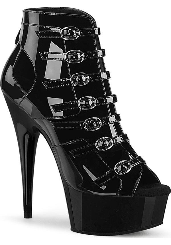 DELIGHT-600-11 [Patent Black] | PLATFORM HEELS [PREORDER] - Beserk - all, black, boots, boots [preorder], buckles, clickfrenzy15-2023, discountapp, fp, heels, heels [preorder], labelpreorder, labelvegan, ladies, oct19, open toe, peep toe, pleaser, pleaserslow, ppo, preorder, shiny, shoes, vegan