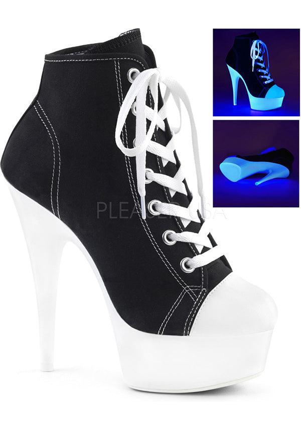 DELIGHT-600SK-02 [Black/Neon White] | PLATFORM BOOTS [PREORDER] - Beserk - all, black, black and white, boots, boots [preorder], clickfrenzy15-2023, discountapp, fp, gothic, heels, heels [preorder], labelpreorder, labeluvreactive, labelvegan, lace up, platform boots, platform heels, platforms, platforms [preorder], pleaser, ppo, preorder, shoes, uv, uv reactive, uvreactive, uvreactive1, vegan, white
