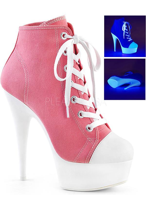 DELIGHT-600SK-02 [Pink/Neon White] | PLATFORM BOOTS [PREORDER] - Beserk - all, boots, boots [preorder], clickfrenzy15-2023, discountapp, fp, heels, heels [preorder], labelpreorder, labeluvreactive, labelvegan, lace up, pink, platform boots, platform heels, platforms, platforms [preorder], pleaser, ppo, preorder, shoes, uv, uv reactive, uvreactive, uvreactive1, vegan