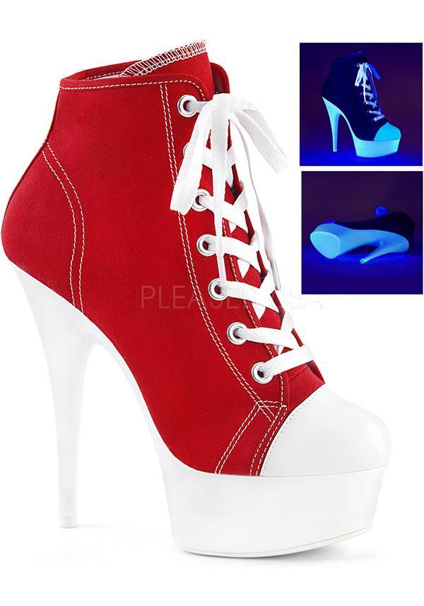 DELIGHT-600SK-02 [Red/Neon White] | PLATFORM BOOTS [PREORDER] - Beserk - all, black, boots, boots [preorder], clickfrenzy15-2023, discountapp, fp, heels, heels [preorder], labelpreorder, labeluvreactive, labelvegan, lace up, platform boots, platform heels, platforms, platforms [preorder], pleaser, ppo, preorder, red, shoes, uv, uv reactive, uvreactive, uvreactive1, vegan