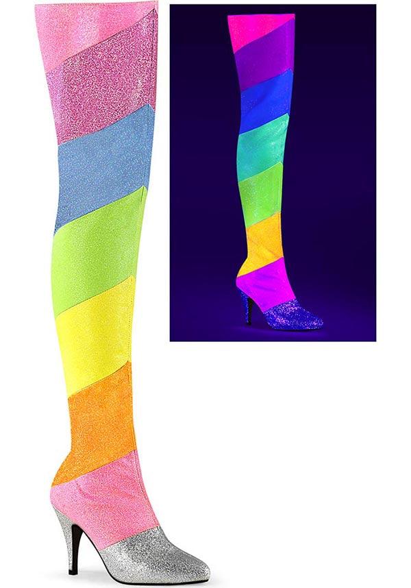 DREAM-3012RBG [Multi-Rainbow Multi Glitter] | PLATFORM BOOTS [PREORDER] - Beserk - all, boots, boots [preorder], clickfrenzy15-2023, discountapp, fp, glitter, googleshopping, heels, heels [preorder], knee high boots, labelpreorder, labeluvreactive, labelvegan, long boots, multicolour, ppo, PRE280722, preorder, rainbow, shoes, thigh high boots, uv, uv reactive, uvreactive, vegan
