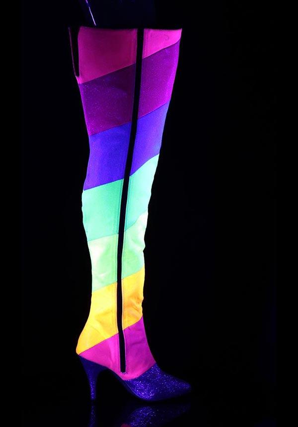 DREAM-3012RBG [Multi-Rainbow Multi Glitter] | PLATFORM BOOTS [PREORDER] - Beserk - all, boots, boots [preorder], clickfrenzy15-2023, discountapp, fp, glitter, googleshopping, heels, heels [preorder], knee high boots, labelpreorder, labeluvreactive, labelvegan, long boots, multicolour, ppo, PRE280722, preorder, rainbow, shoes, thigh high boots, uv, uv reactive, uvreactive, vegan