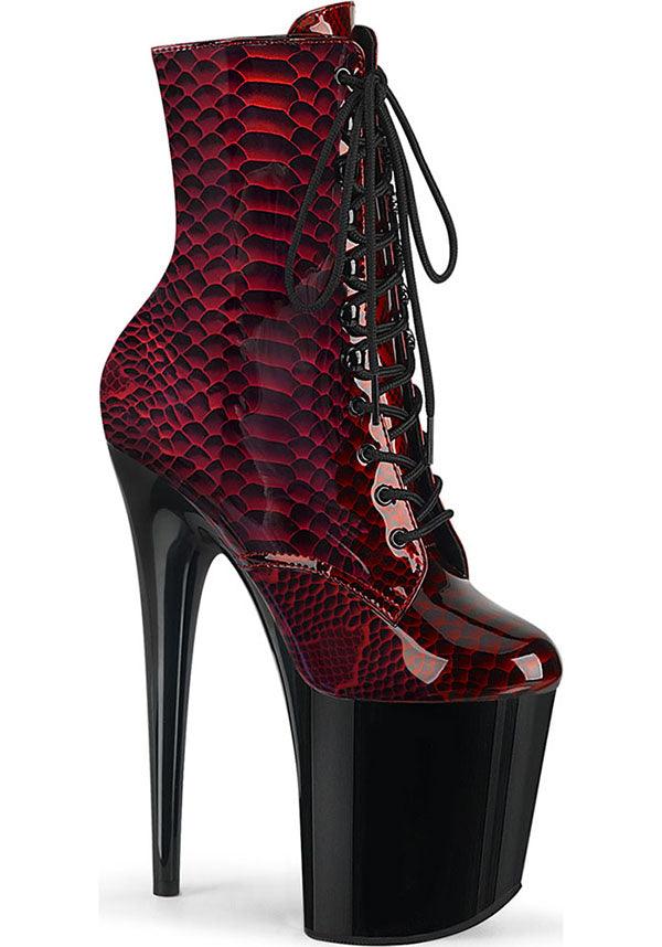 FLAMINGO-1020SP [Red Snake Print] | PLATFORM BOOTS [PREORDER] - Beserk - all, ankle boots, black, boot, boots, boots [preorder], clickfrenzy15-2023, dec20, discountapp, fp, goth, gothic, halloween, heel, heels, heels [preorder], labelpreorder, labelvegan, platform, platform boots, platform heels, platforms, platforms [preorder], pleaser, ppo, preorder, red, shoes, snake, snake print, snakeskin, vegan